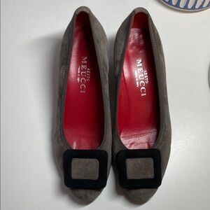 Sesto Meucci Taupe Suede Flats with Black Buckle